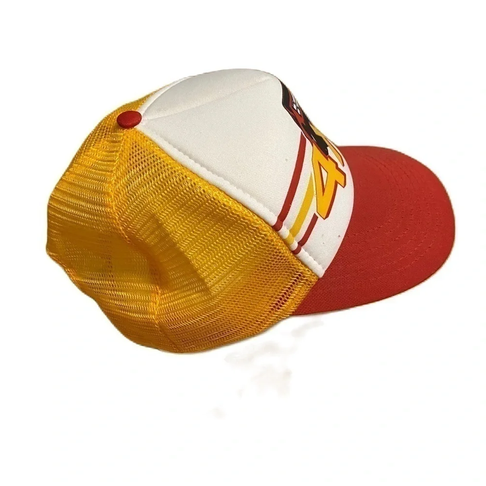 Vintage 4x4 Striped Monster Truck Mesh Back Trucker Hat Yellow Red White Gold